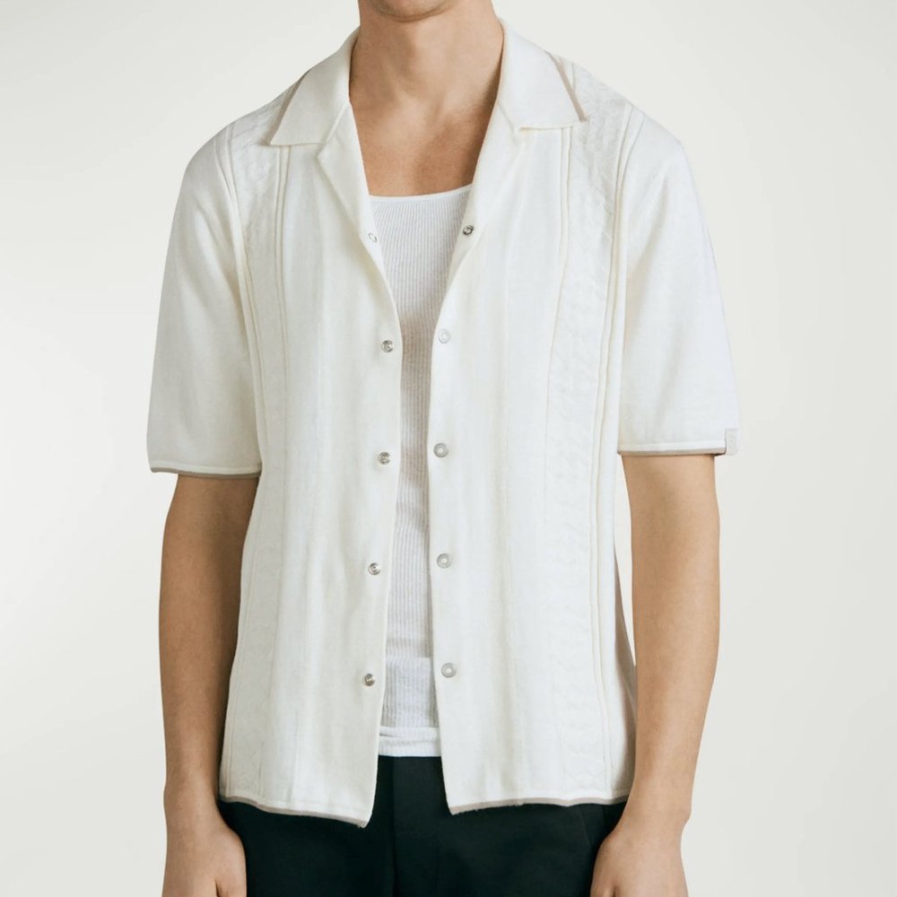 rag & bone Men's Archer Sort Sleeve Geometric Knit Button Down Shirt, Ivory S
